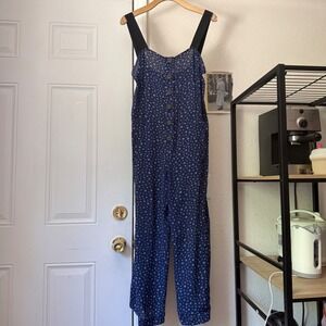 CREATURES OF COMFORT silk navy blue star print sheer wide straight leg jumpsuit